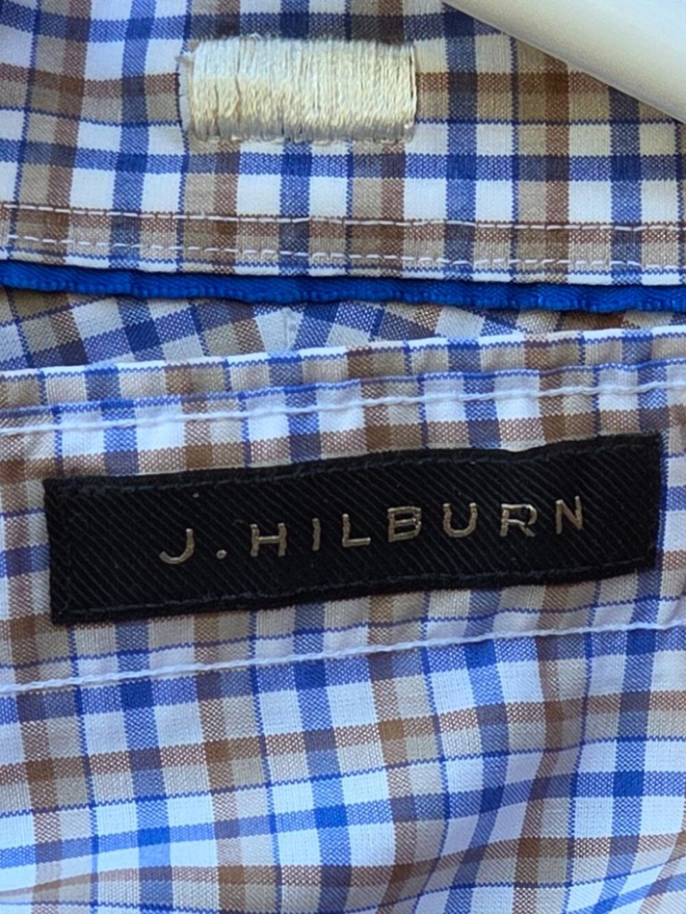 J. HILBURN Dress Shirt Men L Blue Brown & White Check Premium Cotton